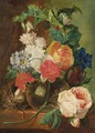 A Still Life With Roses And Other Flowers In A Glass Vase, Together With A Bird's Nest All Resting On A Stone Ledge - (after) Jan Van Os