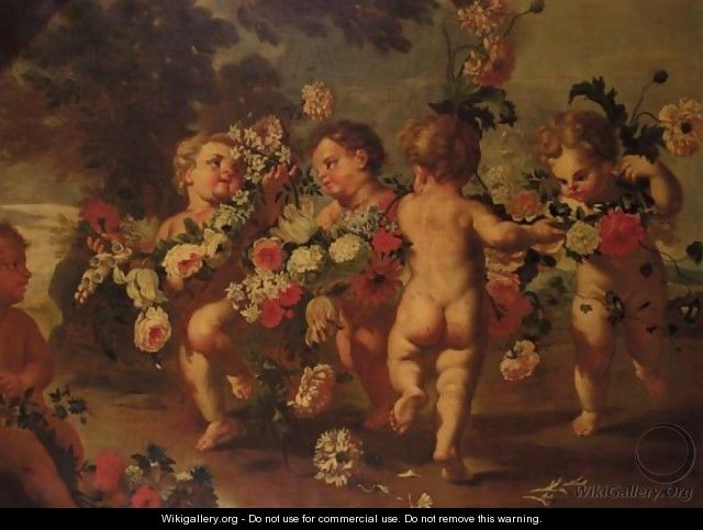Putti Dancing And Holding Garlands Of Flowers - (after) Francesco Trevisani