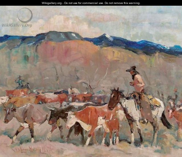 Cowboy Herding Cattle - Laverne Nelson Black
