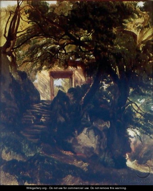 A Stone Staircase And Doorway In A Landscape - Alexandre Calame