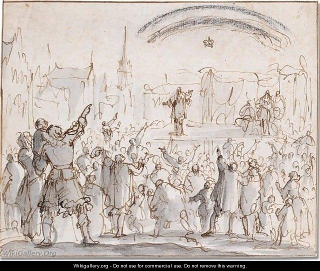 An audience watching a performance in a town square, with a vision of a crown apperaing in the sky above - (after) Jan Luyken