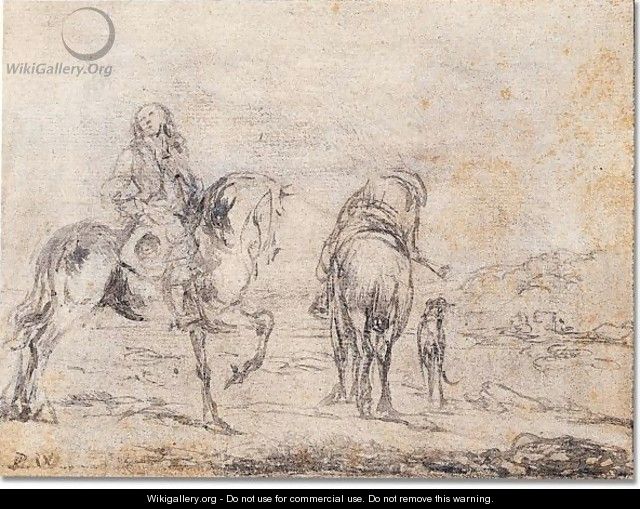 Two men on horseback with dog - Philips Wouwermans