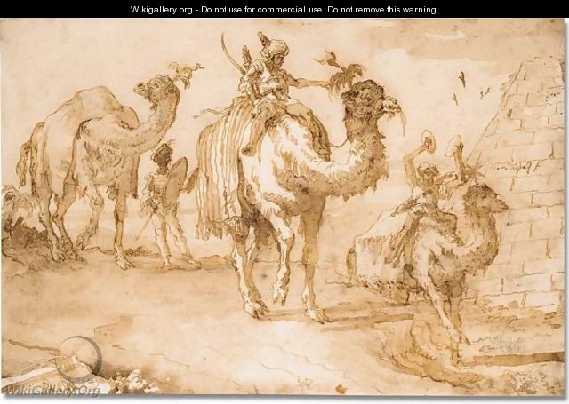 Orientals riding camels near a pyramid - Giovanni Domenico Tiepolo