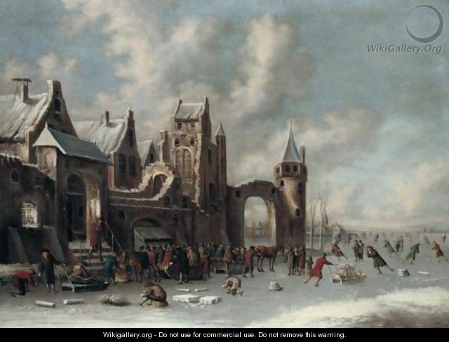 A Winter Landscape With Figures Skating On A Frozen River By A Town - Thomas Heeremans