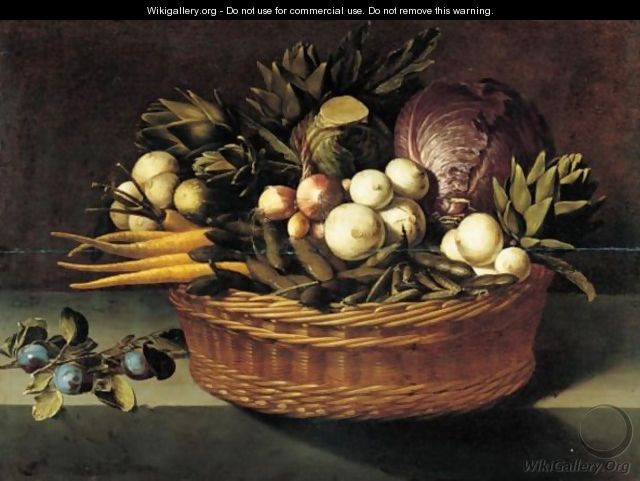 A Still Life With Onions, Peas, Beans, Turnips, Parsnips, Artichokes, Cabbages And A Marrow In A Wicker Basket With Plums On A Stone Ledge - French School