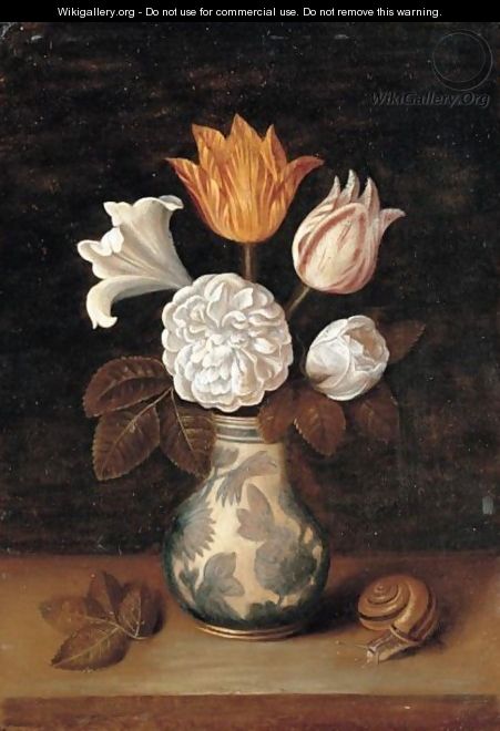 A Still Life Of Roses, A Lily And Variegated Tulips In A Blue And White Vase, With A Snail Nearby - (after) Ambrosius The Elder Bosschaert