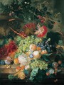 A Still Life Of Fruit In A Basket With Flowers And Other Fruit, All Upon A Marble Ledge Before An Urn And Column - Jan Van Huysum