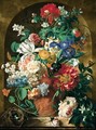 A Still Life Of Flowers In A Terracotta Vase Upon A Marble Ledge Before A Niche - Jan Van Huysum