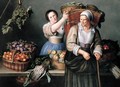 A Market Stall With A Young Woman Giving A Basket Of Grapes To An Older Woman - Louise Moillon