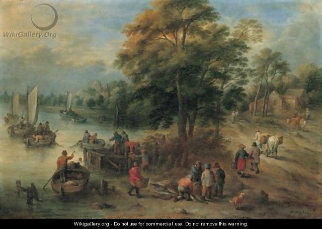 A River Landscape With Fishermen Unloading And Selling Their Catch - Theobald Michau