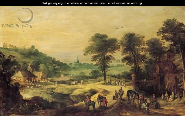 Extensive Landscape With Travellers On A Road Outside A Chateau With A Village Beyond - Joos or Josse de, The Younger Momper
