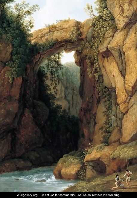 Figures Beside A Waterfall In A Ravine Below A Rock Bridge - Jakob Philippe Hackert
