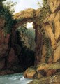 Figures Beside A Waterfall In A Ravine Below A Rock Bridge - Jakob Philippe Hackert