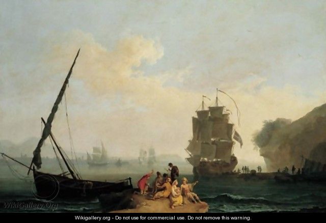 A Mediterranean Bay With A Merchantman Unloading, Seamen Playing Cards In The Foreground And A Port Beyond - Pierre-Jacques Volaire