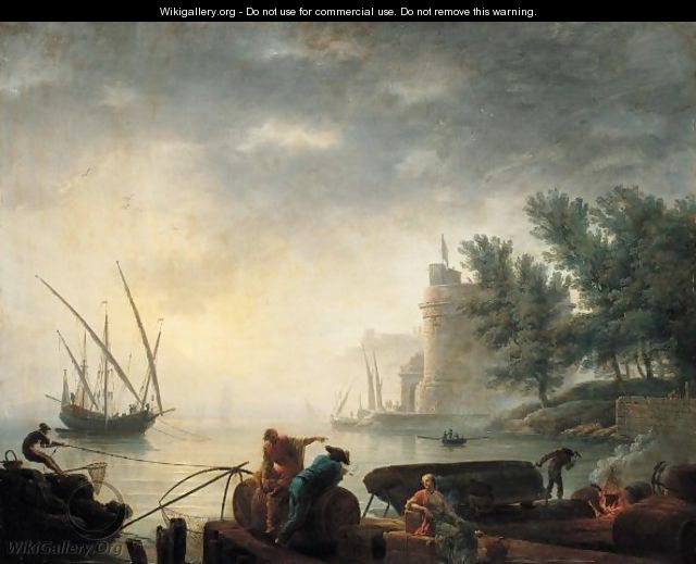 A Mediterranean Port By Moonlight With Fishermen Pulling In Their Nets - Pierre-Jacques Volaire