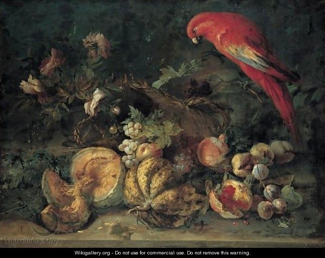 Still Life Of Watermelons, Pomegranates, Plums, Peaches And Grapes, And Flowers In A Glass Vase, Together With A Scarlet Macaw - Roman School