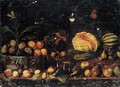 A Still Life Of Figs And Apricots In A Basket, Melons, Figs, Apples, Pears And Plums Arranged On A Ledge - Roman School