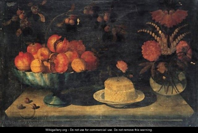 Still Life Of A Bowl Of Pomegranates And Peaches, Together With A White Cheese With A Honeycomb And Rose On A Porcelain Dish - The Pseudo-Hiepes
