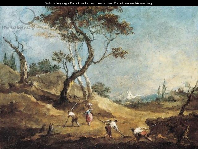 A Pastoral Landscape With Peasants Hoeing And A Washerwoman Before Some Trees - Francesco Guardi
