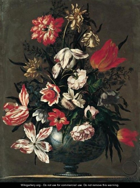 Still Life Of Tulips, Roses, Carnations, Chrysanthemums And Daffodils In A Blue And White Ceramic Vase, Upon A Stone Plinth - Francesco Mantovano