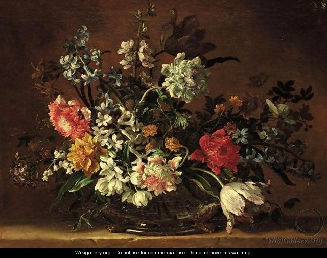A Still Life Of Flowers In A Glass Vase On A Stone Ledge - Jean-Baptiste Monnoyer