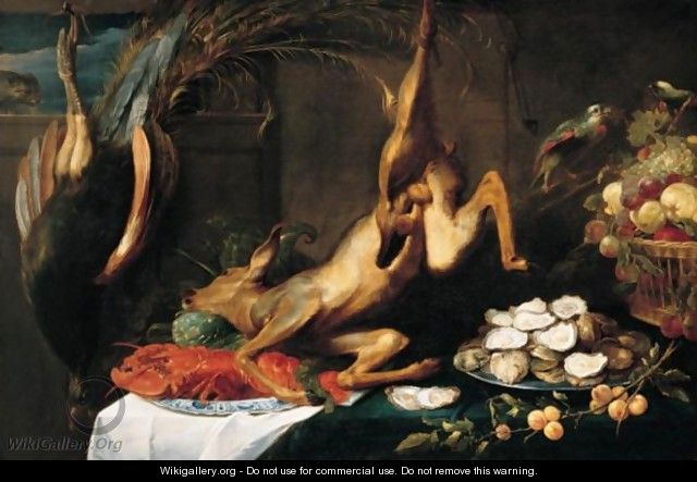 A Still Life Of A Peacock, A Roe Deer, A Lobster On A Wan-Li Porcelain Plate, Oysters On A Silver Platter, A Spray Of Plum And Fruit In A Basket, All Upon A Table Laid With A White And A Blue Cloth, With A Cat On A Window Ledge, And Parrots Feeding - (after) Frans Snyders