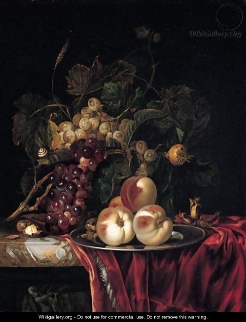A Still Life Of Peaches On A Pewter Plate, Bunches Of Grapes, Walnuts And Almonds Together On A Red Cloth On A Stone Ledge - (after) Willem Van Aelst