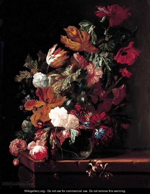 A Still Life Of Flowers In A Glass Vase On A Stone Ledge - Ernst Stuven