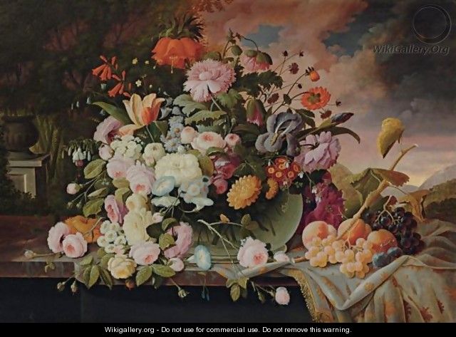 Still Life With Flowers And Fruit In A Landscape - Severin Roesen