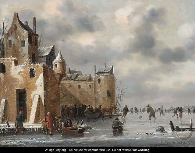 A Winter Landscape With Skaters And A Horse-Drawn Sleigh Near Town Walls - Thomas Heeremans