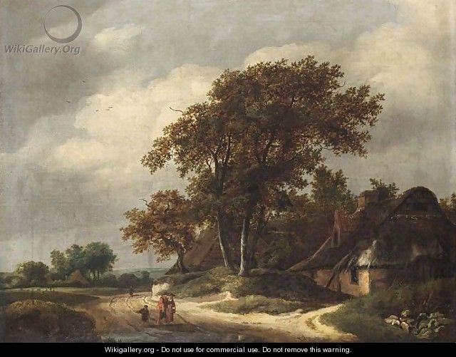 A Wooded Landscape With Two Peasants And A Little Boy Walking Near A Farm - Haarlem School
