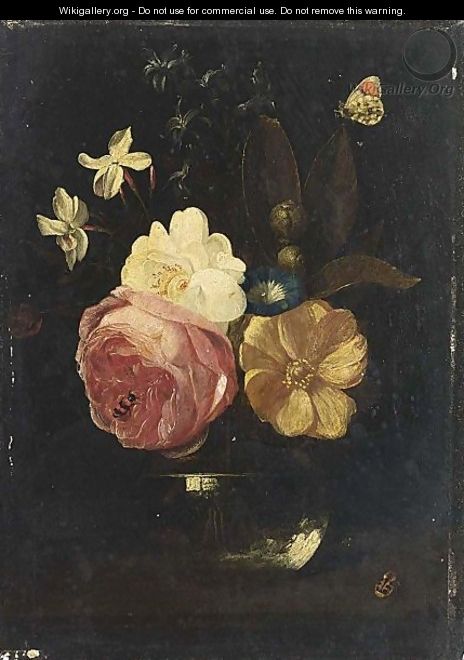 A Still Life With A Pink Rose, A White Rose, A Yellow Rose, Morning Glory, Amethyst Hyacinths In A Glass Vase, Together With An Orange Tip, Snails And A Ladybird - (after) Frans Van Everbroeck