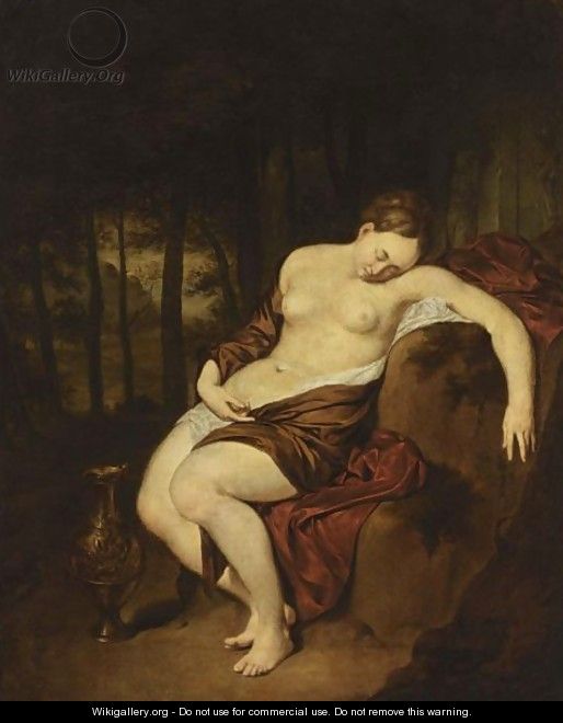 A Nude Woman Sleeping In A Forest, With A Silver Gilt Jug Beside Her - Jan Van Mieris