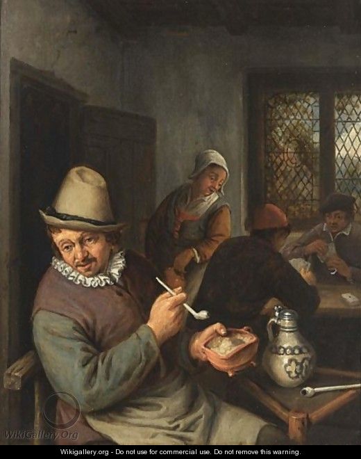 A Peasant Lighting A Pipe In An Inn, Cardplayers In The Background - (after) Adriaen Jansz. Van Ostade