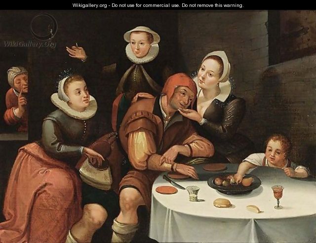 A Peasant Sitting At A Table Being Courted And Robbed By Three Young Ladies, An Old Spinster In The Background And A Boy Picking Fruit From The Table - (after) Marten Van Cleve