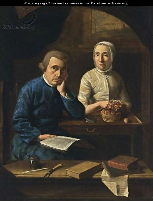 A Portrait Of A Couple, With The Man Holding A Book And The Woman Peeling Apples At A Desk, A Ledge With Writer
