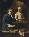A Portrait Of A Couple, With The Man Holding A Book And The Woman Peeling Apples At A Desk, A Ledge With Writer