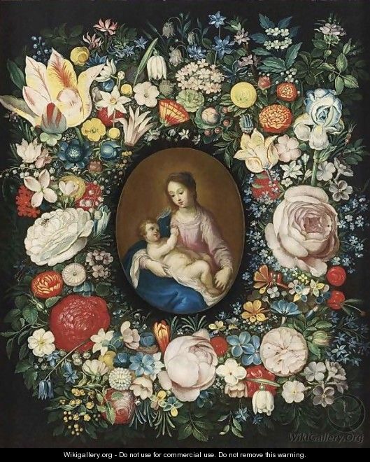A Garland Of Roses, Tulips And Other Flowers Surrounding A Medallion Of The Virgin And Child - (after) Frans II Francken