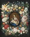 A Garland Of Roses, Tulips And Other Flowers Surrounding A Medallion Of The Virgin And Child - (after) Frans II Francken