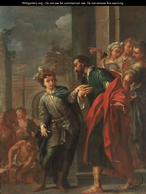 An Historical Scene With A Young Man Holding The Hand Of A Bearded Man, Other Figures In The Background - Austrian School