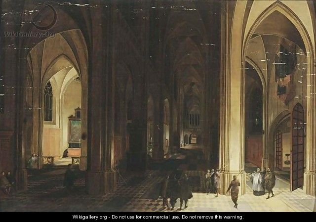 A Church Interior By Night With A Priest And Other Figures By Torchlight - Pieter the Elder Neefs