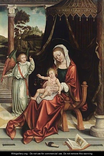 The Virgin And Child Under A Canopy, Together With The Archangel Michael, A View Of A Landscape With A Castle On A Mountain Beyond - (after) Bernard Van Orley