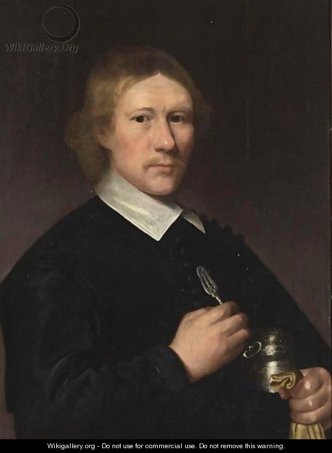 A Portrait Of A Dentist, Aged 35, Half Length, Wearing A Black Coat With White Collar, Holding A Silver Tongue-Spatula In His Right Hand, And A Silver Box Under His Left Arm - (after) Jacob Gerritsz. Cuyp