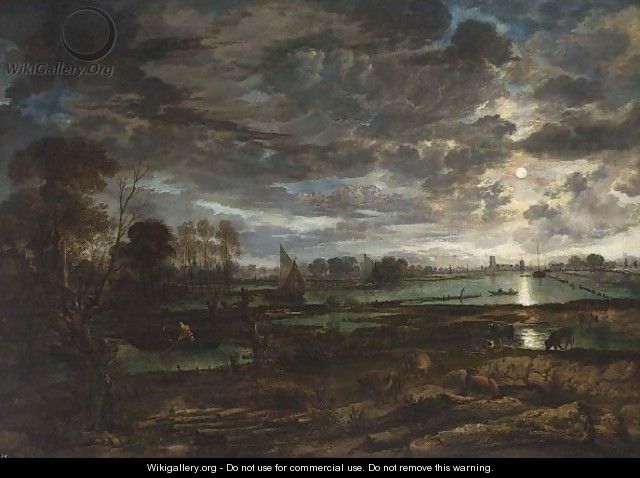 An Extensive River Landscape By Moonlight With Fishermen And Cows In The Foreground - Aert van der Neer