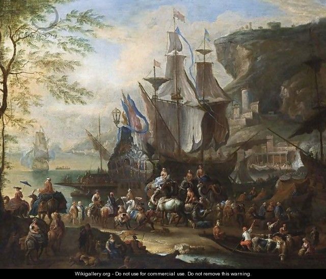 A Mediterranean Harbour Scene With Figures Unloading Merchantmen, Together With Horsemen, An Elephant, Dromedaries And A Ferry In The Foreground, A View Of A Town In The Background - Jan Baptist van der Meiren