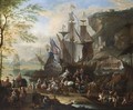 A Mediterranean Harbour Scene With Figures Unloading Merchantmen, Together With Horsemen, An Elephant, Dromedaries And A Ferry In The Foreground, A View Of A Town In The Background - Jan Baptist van der Meiren