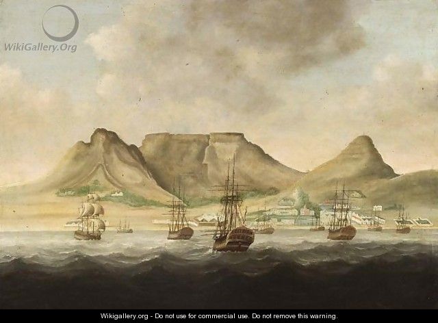 Capetown Dutch Merchantmen Near The Coast Of South-Africa With A View Of The Tafelberg (Table Mountain) Beyond - Dutch School