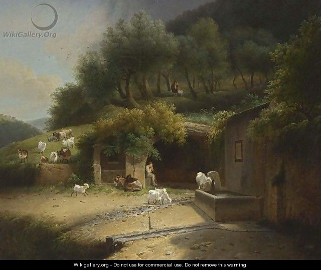 A Wooded Hilly Landscape With A Shepherd Resting In A Grotto With His Herd And A Donkey, Near A Fountain With Another Shepherd In The Background - (after) Joseph Augustus Knip