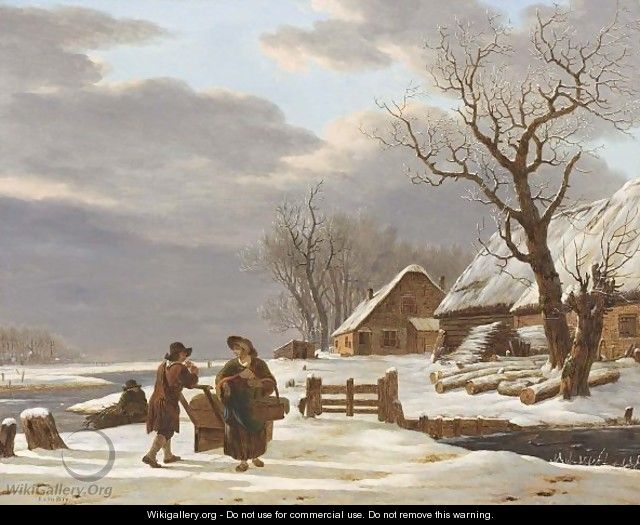 A Winter Landscape With A Farmstead Near A Frozen River And A Couple Conversing - Jacob van Strij