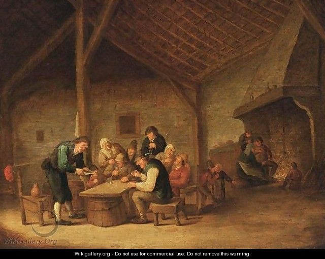 An Interior Of An Inn With Peasants Sitting Around A Table Drinking And Playing Dice, And Figures Near A Fireplace In The Background - Bartholomeus Molenaer